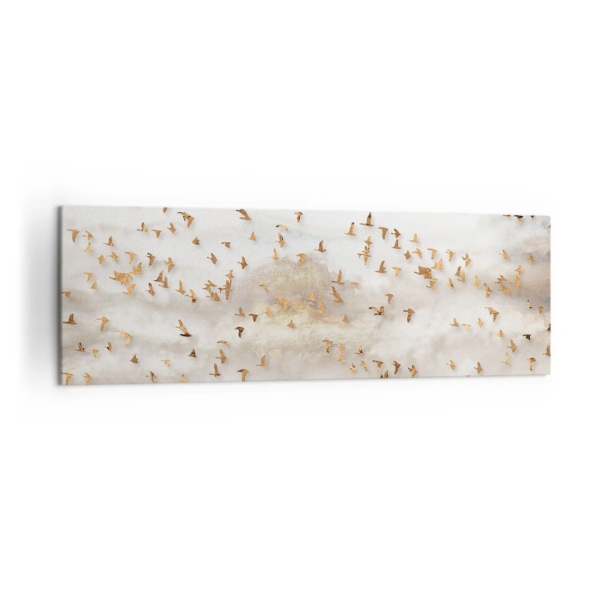 Obraz na płótnie - Złote ptaki na tle mglistych gór - 160x50cm - Już czas… - Nowoczesna dekoracja ścienna do salonu i sypialni ARTTOR