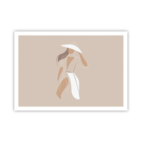 Plakat - Minimalistyczny rysunek kobiety w kapeluszu na beżowym tle - 100x70cm - Moda to zabawa - Nowoczesna dekoracja ścienna do salonu i sypialni ARTTOR