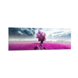 Obraz na szkle - Samotne drzewo na polu w odcieniu intensywnego różu - 160x50cm - Wrzosowisko - uroczysko - Nowoczesna dekoracja ścienna do salonu i sypialni ARTTOR