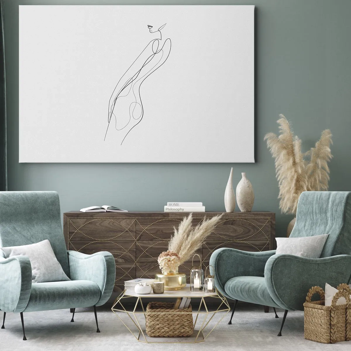 Obraz na płótnie - Minimalistyczna linia ukazująca sylwetkę na jasnym tle - 70x50cm - Zaledwie obietnica - Nowoczesna dekoracja ścienna do salonu i sypialni ARTTOR