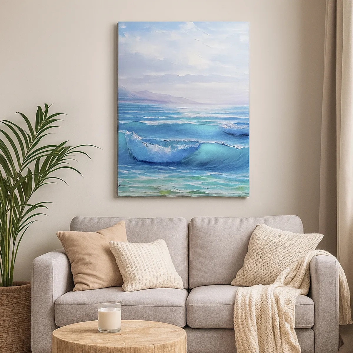 Obraz na płótnie - Spokojne fale oceanu z błękitnym niebem w tle - 50x70cm - Niesie ukojenie - Nowoczesna dekoracja ścienna do salonu, kuchni i sypialni ARTTOR
