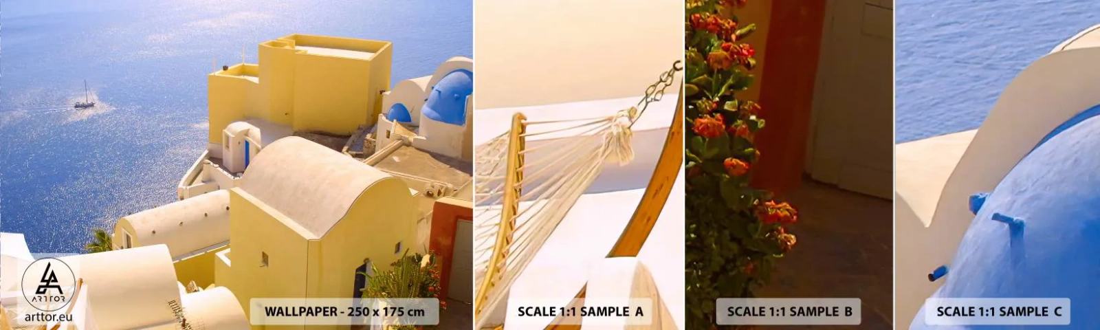 Fototapeta Próbka Standard Eco - Grecki pejzaż w bieli i błękicie - Krajobraz, Santorini, Grecja - 100x30 cm