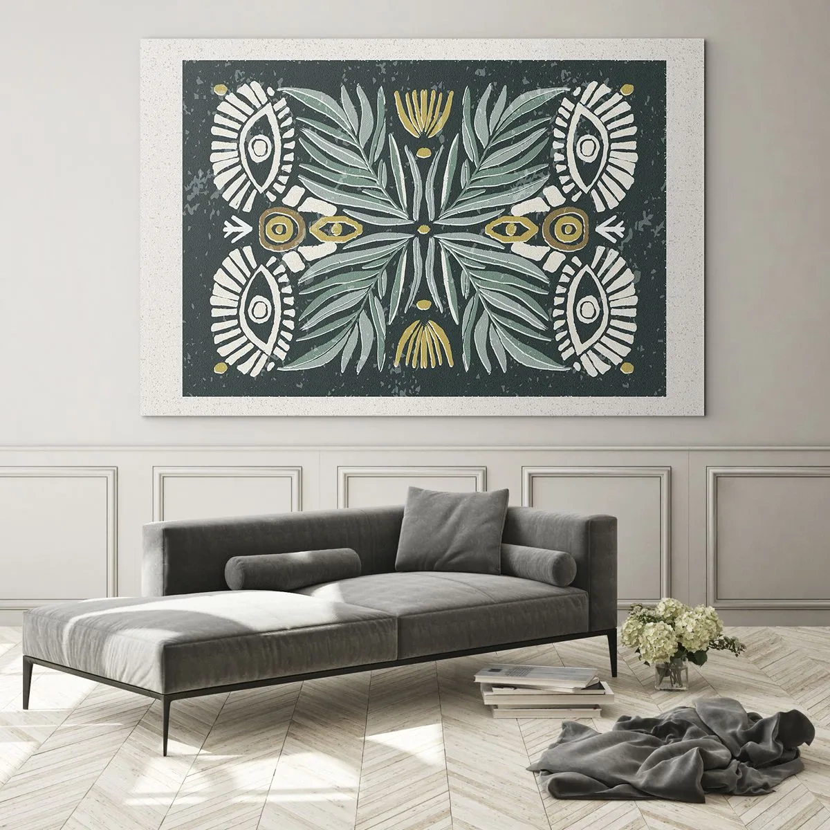 Obraz na szkle - Symetryczna kompozycja liści i wzorów w stylu ludowym - 70x50cm - Jak ludowa wycinanka - Nowoczesna dekoracja ścienna do salonu i sypialni ARTTOR