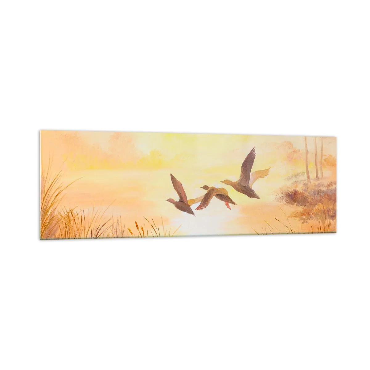 Obraz na szkle - Lecące kaczki o wschodzie słońca nad jeziorem - 160x50cm - Początek dalekiej podróży - Nowoczesna dekoracja ścienna do salonu i sypialni ARTTOR