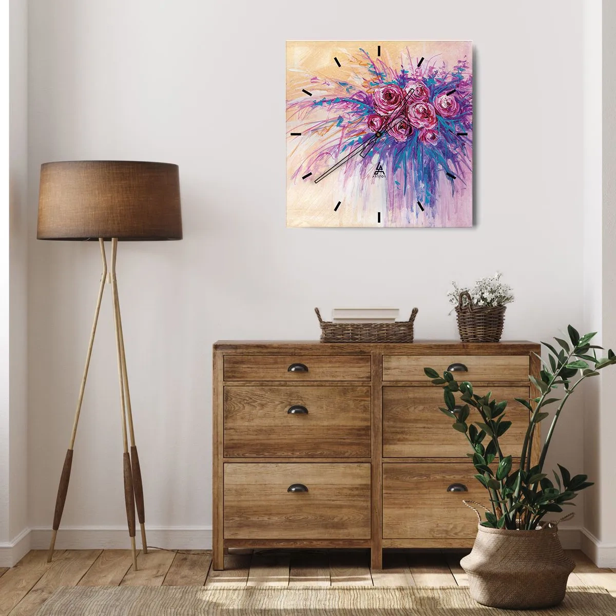 Zegar ścienny - Bukiet róż w pastelowych barwach - 30x30cm - Różana fontanna - Nowoczesna dekoracja ścienna do salonu i sypialni ARTTOR