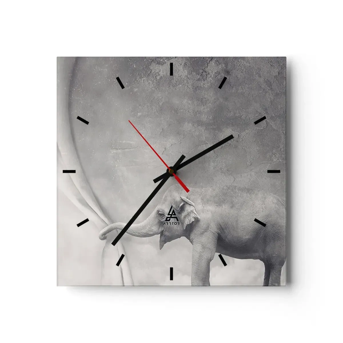Zegar ścienny - Słoń odsłaniający zasłonę w surrealistycznym czarno-białym ujęciu - 30x30cm - Odsłonić tajemnicę - Nowoczesna dekoracja ścienna do salonu i sypialni ARTTOR
