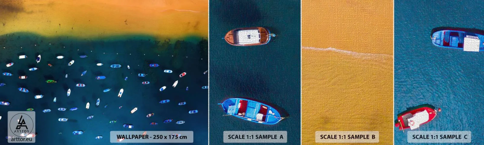 Fototapeta Próbka Premium Canvas - Wakacyjna gra - Łódki, Plaża, Brzeg Morza - 100x30 cm