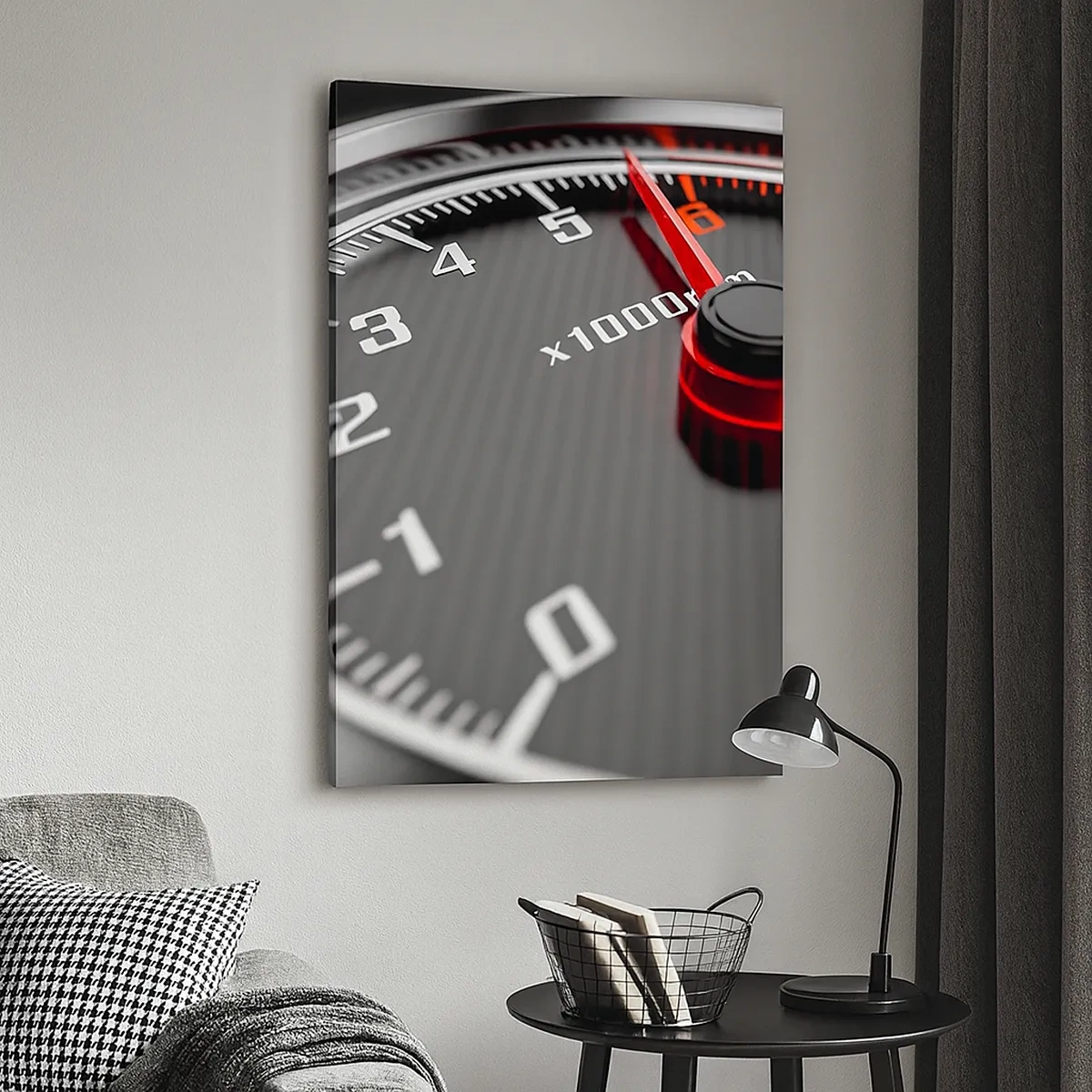 Obraz na płótnie - Obrotomierz samochodowy w zbliżeniu - 50x70cm - Gaz do dechy - Nowoczesna dekoracja ścienna do salonu, kuchni i sypialni ARTTOR