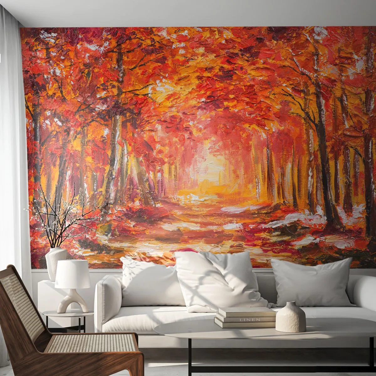 Fototapeta Premium Sand - Jesienny las w odcieniach czerwieni i złota - 100x70cm - Miedziany las - Nowoczesna dekoracja ścienna do salonu, kuchni i sypialni ARTTOR