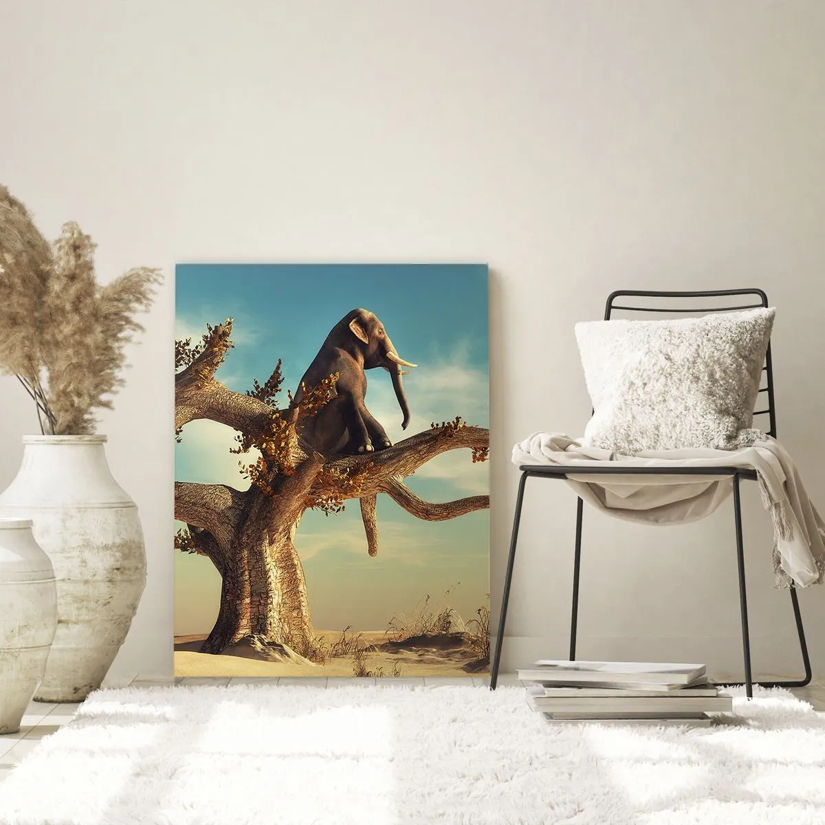 Obraz na szkle - Słoń siedzący na drzewie na pustynnym tle - 50x70cm - Nowy punkt widzenia - Nowoczesna dekoracja ścienna do salonu, kuchni i sypialni ARTTOR