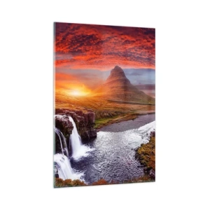 Obraz na szkle - Górska sceneria z wodospadem o zachodzie słońca - 80x120cm - Widok Śródziemia - Nowoczesna dekoracja ścienna do salonu i sypialni ARTTOR