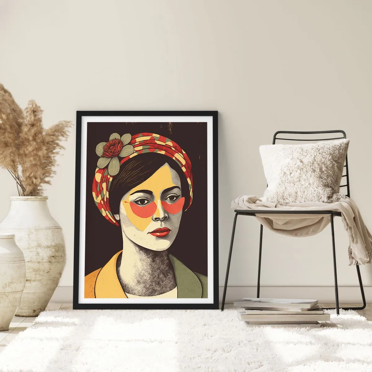 Plakat w czarnej ramie - Stylizowany portret kobiety w turbanie z kwiatowym akcentem - 50x70cm - Koralowa dama - Nowoczesna dekoracja ścienna do salonu i sypialni ARTTOR