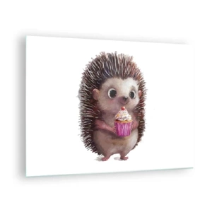 Obraz na szkle - Uroczy jeż z babeczką na białym tle - 70x50cm - Święto jest co dzień - Nowoczesna dekoracja ścienna do salonu i sypialni ARTTOR