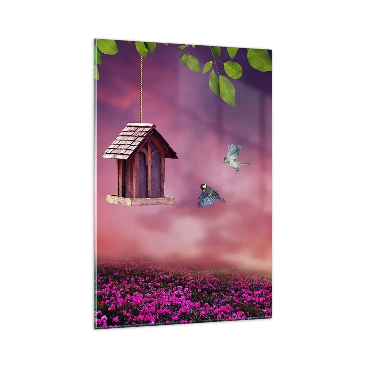 Obraz na szkle - Malowniczy krajobraz z budką dla ptaków i zachodem słońca - 80x120cm - Zaproszenie na kolację - Nowoczesna dekoracja ścienna do salonu i sypialni ARTTOR