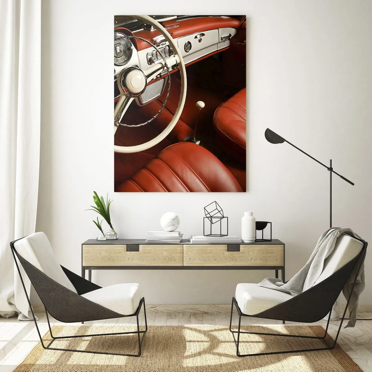 Obraz na szkle - Wnętrze klasycznego samochodu z czerwonymi siedzeniami - 50x70cm - Luksus w stylu vintage - Nowoczesna dekoracja ścienna do salonu, kuchni i sypialni ARTTOR