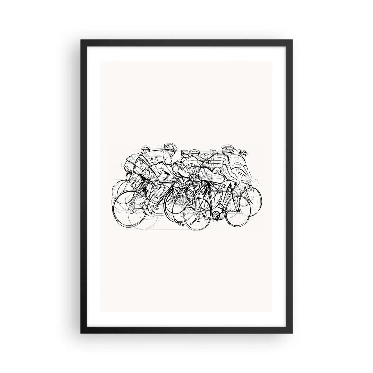 Plakat w czarnej ramie - Szkic kolarzy w wyścigu na minimalistycznym tle - 50x70cm - Wespół w zespół - Nowoczesna dekoracja ścienna do salonu i sypialni ARTTOR