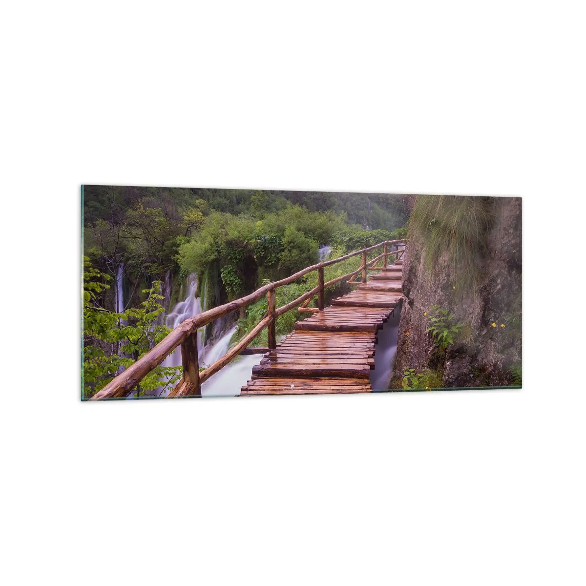 Obraz na szkle - Mostek z widokiem na wodospady o zachodzie słońca - 120x50cm - Piękno nie do uwierzenia - Nowoczesna dekoracja ścienna do salonu i sypialni ARTTOR