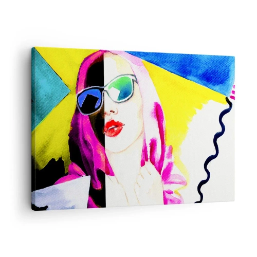 Obraz na płótnie - Kolorowy portret kobiety w okularach przeciwsłonecznych - 70x50cm - Nie jestem biała i nie jestem czarna - Nowoczesna dekoracja ścienna do salonu i sypialni ARTTOR