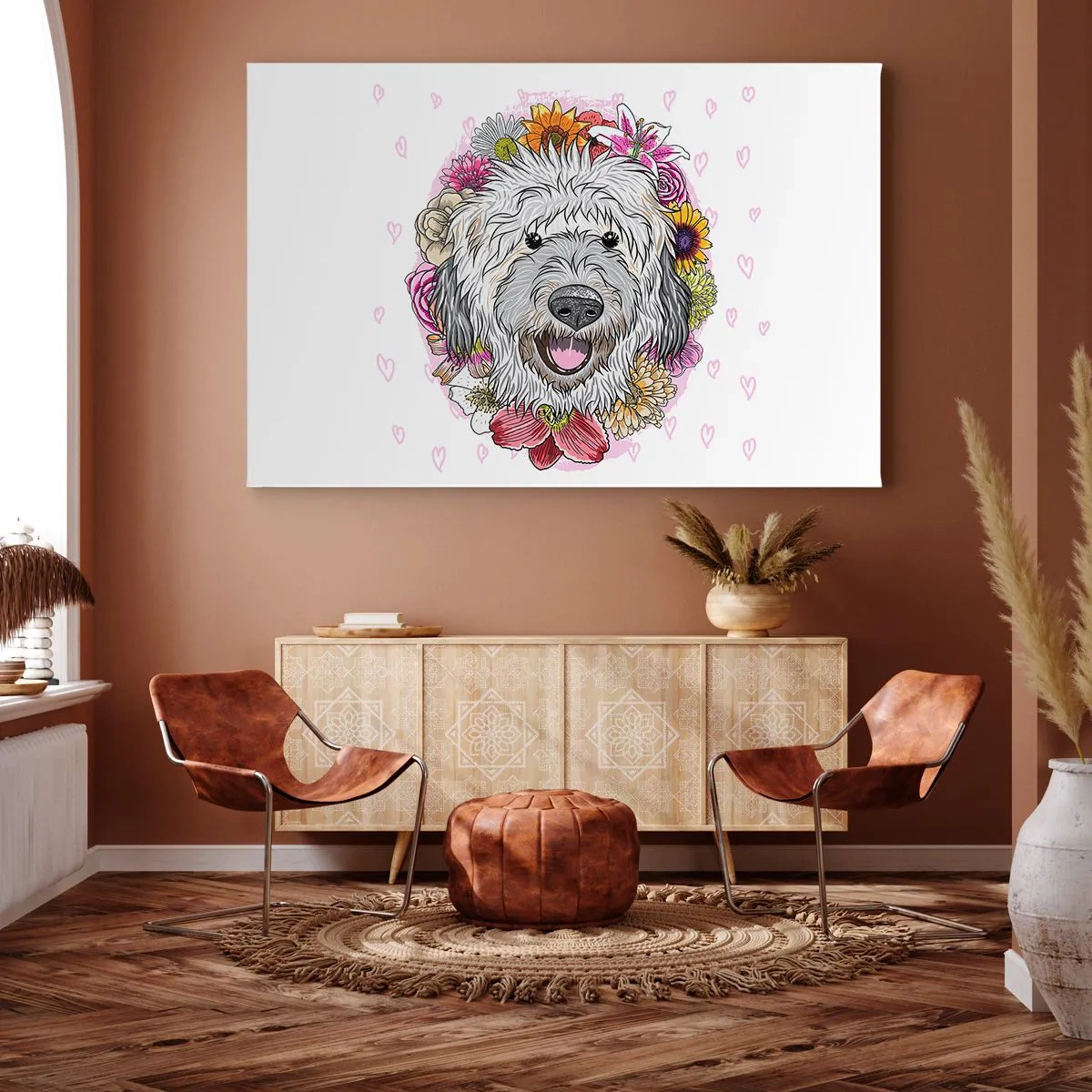 Obraz na płótnie - Pies w otoczeniu kolorowych kwiatów - 120x80cm - Szczenięca radość - Nowoczesna dekoracja ścienna do salonu, kuchni i sypialni ARTTOR