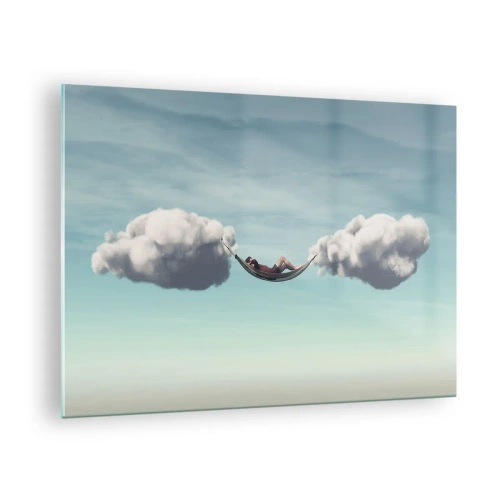 Obraz na szkle - Hamaki z chmur w błękitnym niebie - 70x50cm - Błogość chwili - Nowoczesna dekoracja ścienna do salonu i sypialni ARTTOR
