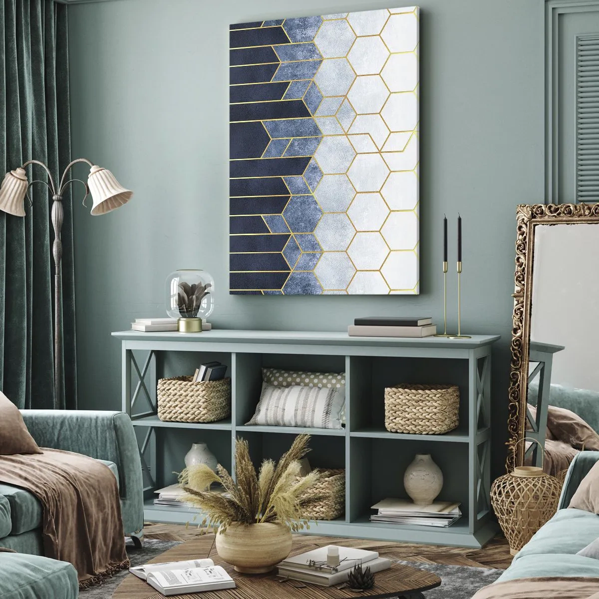 Obraz na płótnie - Geometryczny wzór w odcieniach złota i granatu - 70x100cm - Kompozycja w synkopowym rytmie - Nowoczesna dekoracja ścienna do salonu i sypialni ARTTOR