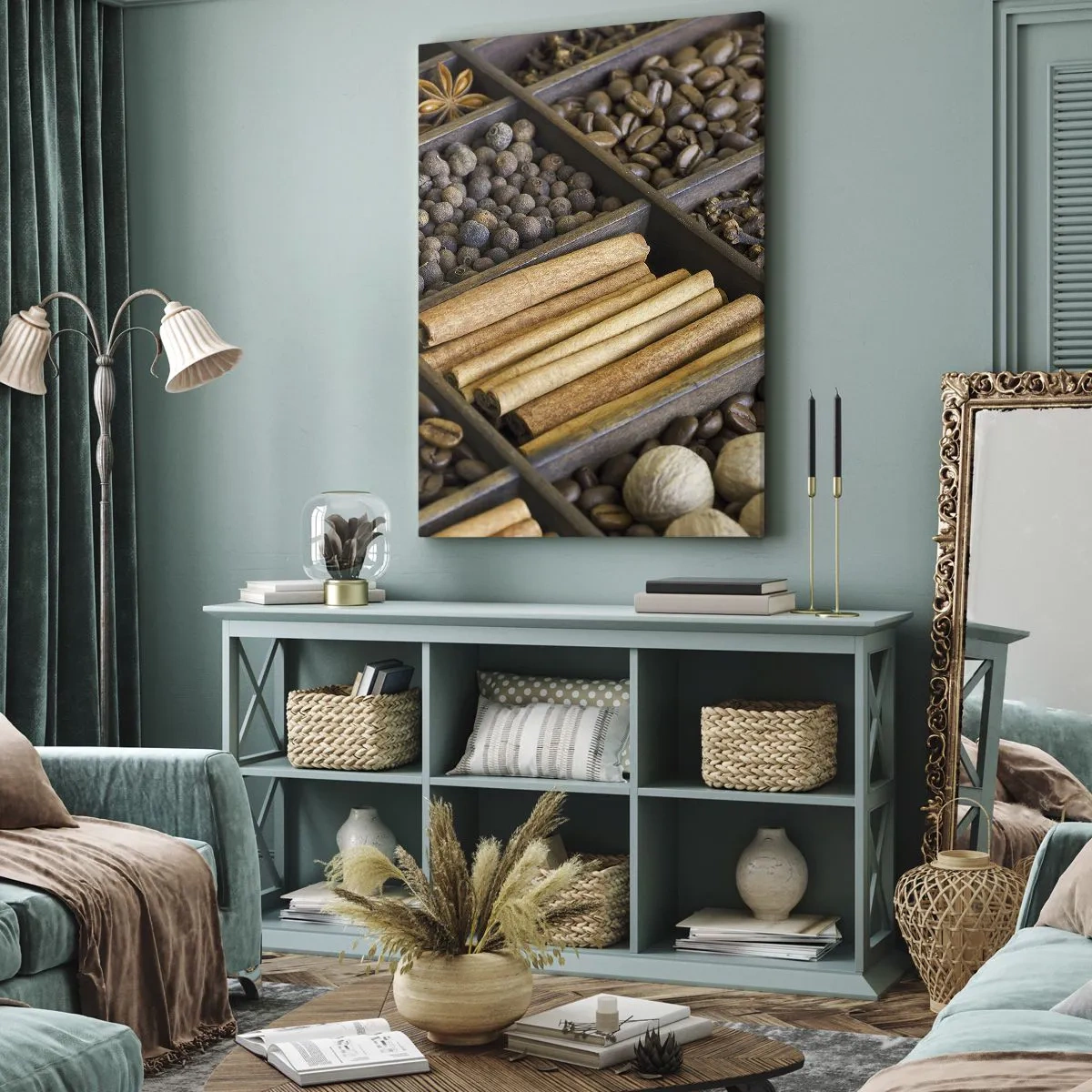 Obraz na płótnie - Przyprawy i kawa w drewnianych przegródkach - 70x100cm - Skarbiec aromatów - Nowoczesna dekoracja ścienna do salonu i sypialni ARTTOR