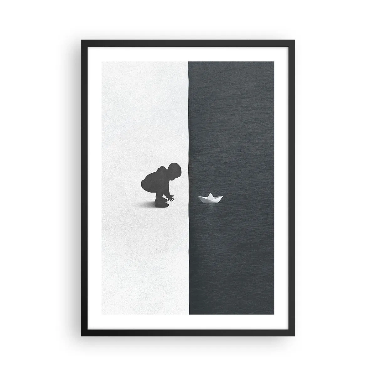 Plakat w czarnej ramie - Dziecko pochylone nad wodą z papierową łódką - 50x70cm - Wielka wyprawa - Nowoczesna dekoracja ścienna do salonu i sypialni ARTTOR
