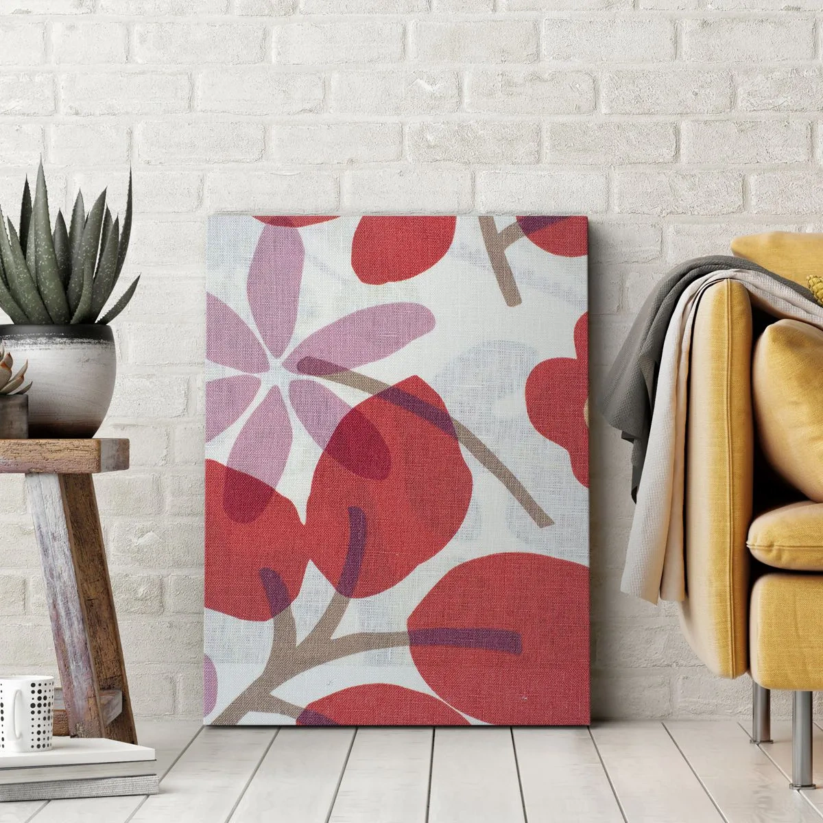 Obraz na płótnie - Stylizowany wzór roślinny w odcieniach czerwieni i różu - 50x70cm - Kompozycja kwiatowa w różu - Nowoczesna dekoracja ścienna do salonu, kuchni i sypialni ARTTOR