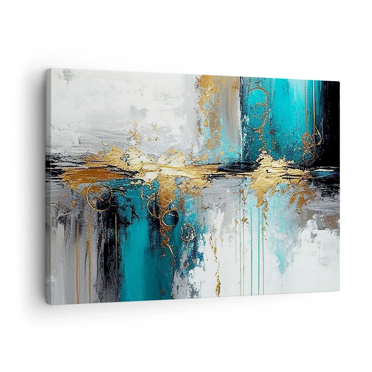 Obraz na płótnie - Abstrakcyjna kompozycja z turkusem i złotymi akcentami - 70x50cm - Wszystko płynie - Nowoczesna dekoracja ścienna do salonu i sypialni ARTTOR