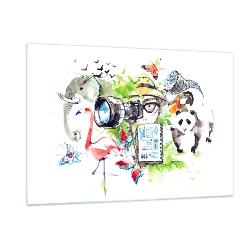 Obraz na szkle - Ilustracja przedstawiająca fotografa z aparatem i zwierzętami - 120x80cm - W obiektywie podróżnika - Nowoczesna dekoracja ścienna do salonu, kuchni i sypialni ARTTOR