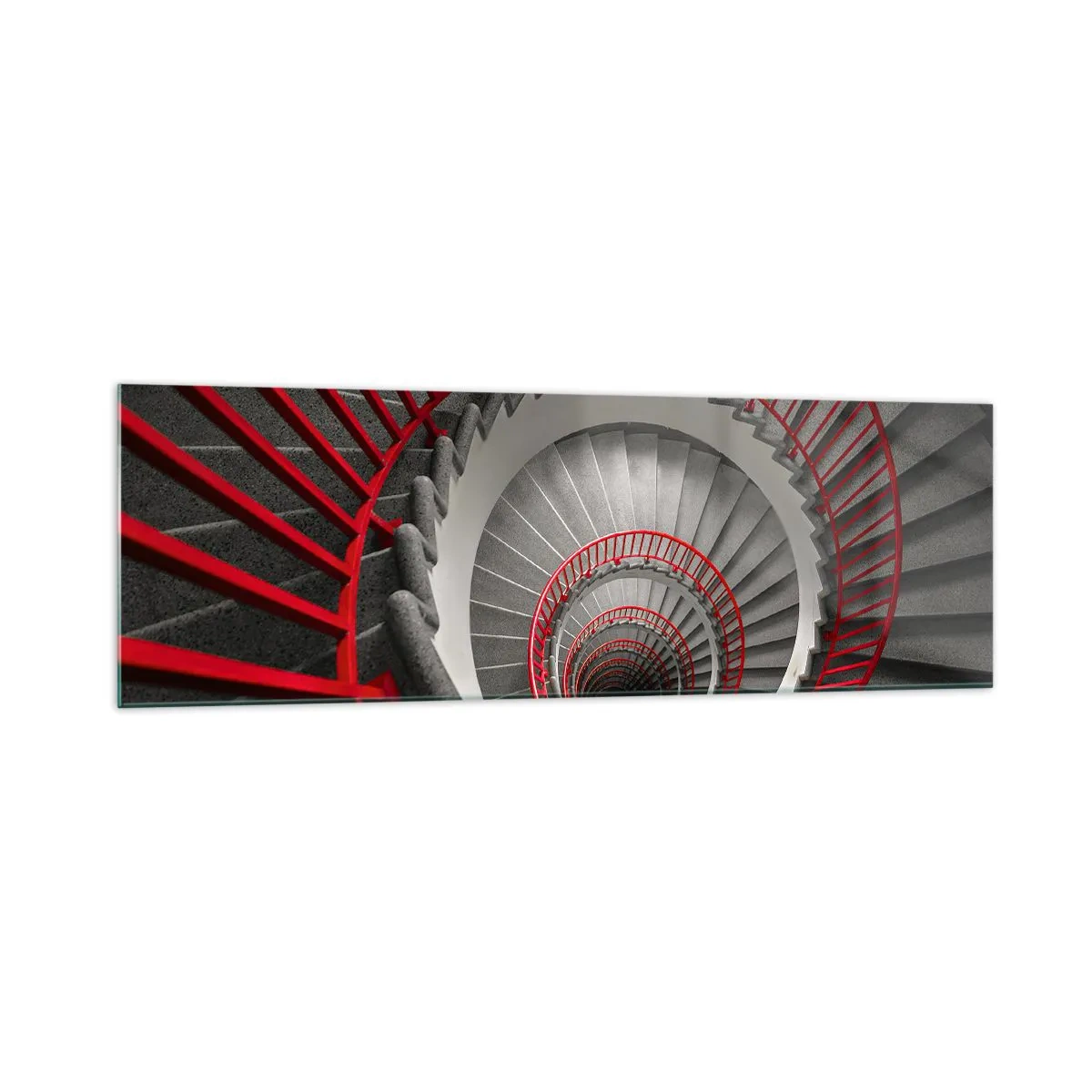 Obraz na szkle - Spiralne schody z czerwonymi poręczami w dynamicznej perspektywie - 160x50cm - Zabawy architektury - Nowoczesna dekoracja ścienna do salonu i sypialni ARTTOR