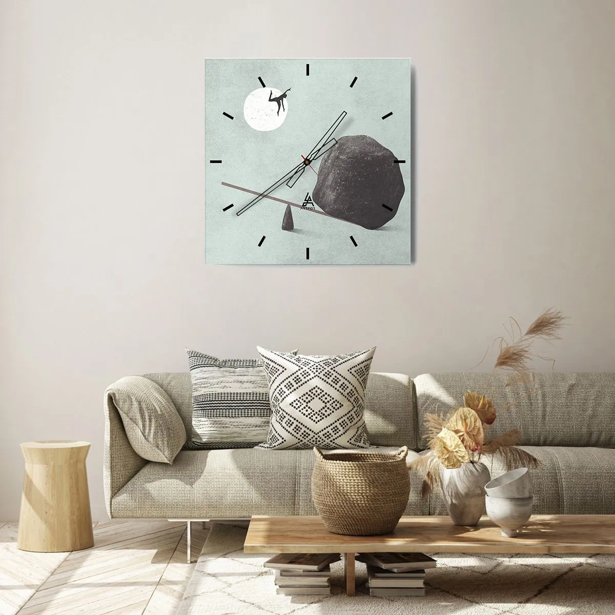 Zegar ścienny - Symboliczna scena z postacią i balansem na tle jasnego nieba - 30x30cm - Spełnione marzenie - Nowoczesna dekoracja ścienna do salonu i sypialni ARTTOR