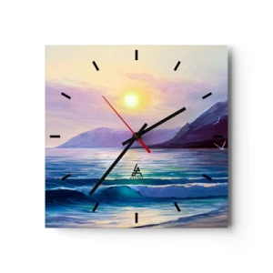 Zegar ścienny - Malowniczy pejzaż morski o zachodzie słońca z falami i górami - 30x30cm - Kryształ wody i powietrza - Nowoczesna dekoracja ścienna do salonu i sypialni ARTTOR