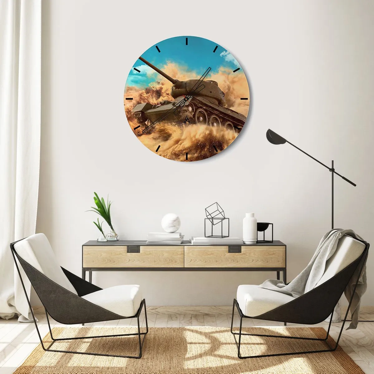 Zegar ścienny - Dynamiczna scena czołgu przemierzającego pustynię w akcji - 30x30cm - Nie do pokonania - Nowoczesna dekoracja ścienna do salonu, kuchni i sypialni ARTTOR