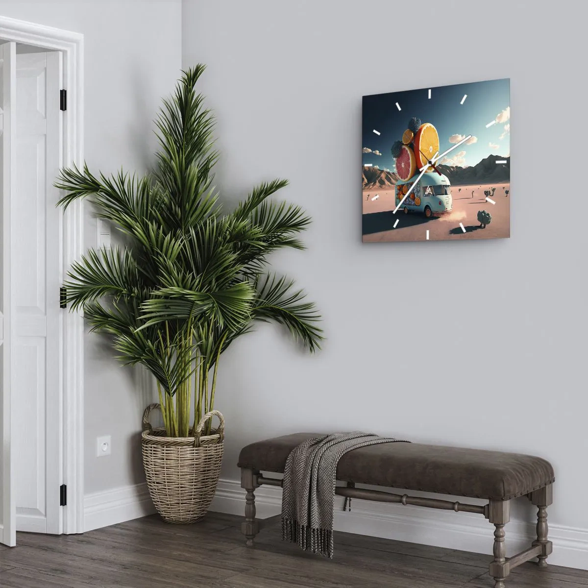 Zegar ścienny - Furgonetka z owocami w pustynnym krajobrazie - 30x30cm - Smak wakacji - Nowoczesna dekoracja ścienna do salonu i sypialni ARTTOR