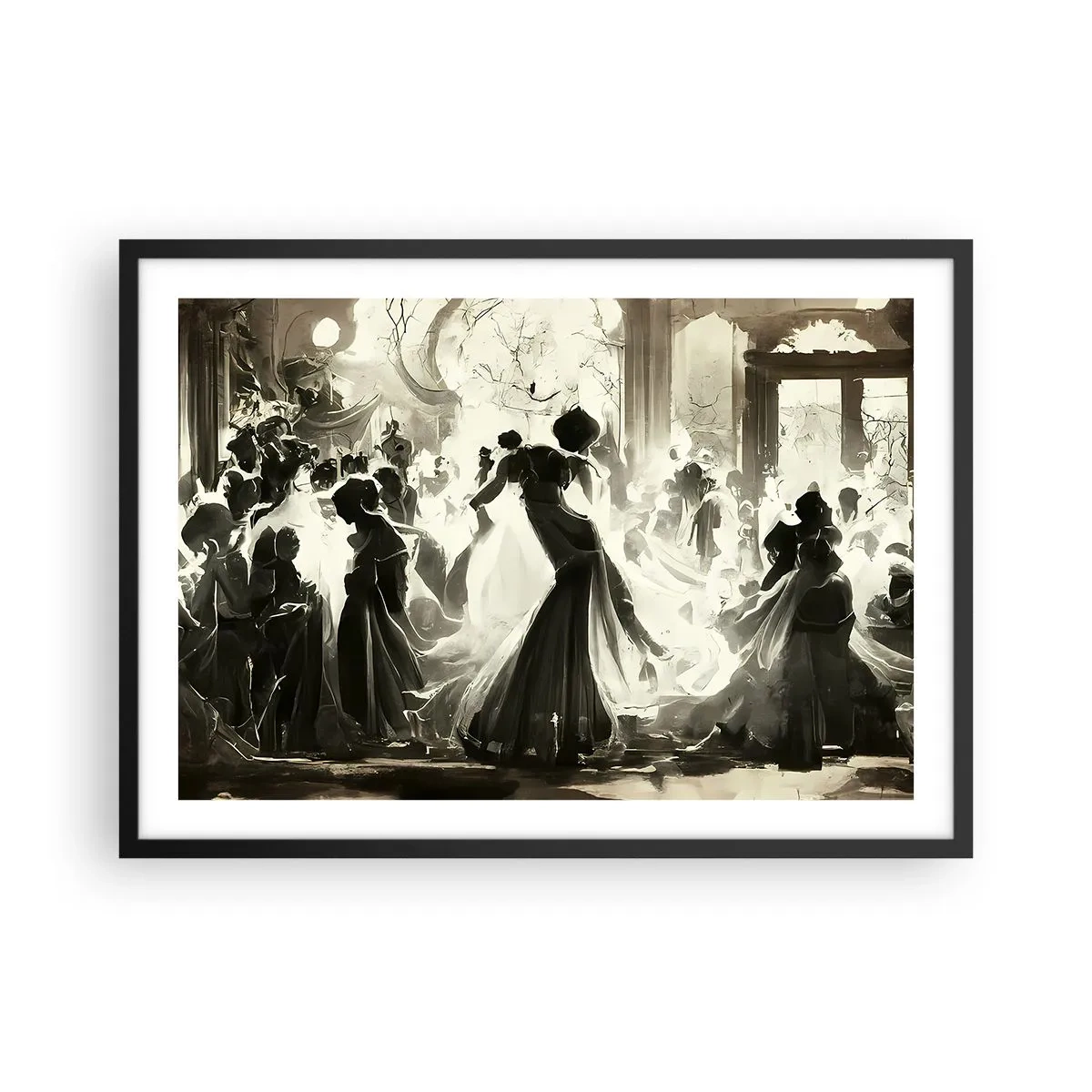 Plakat w czarnej ramie - Bal w stylu retro w tonacji czarno-białej - 70x50cm - Wielka maskarada - Nowoczesna dekoracja ścienna do salonu i sypialni ARTTOR