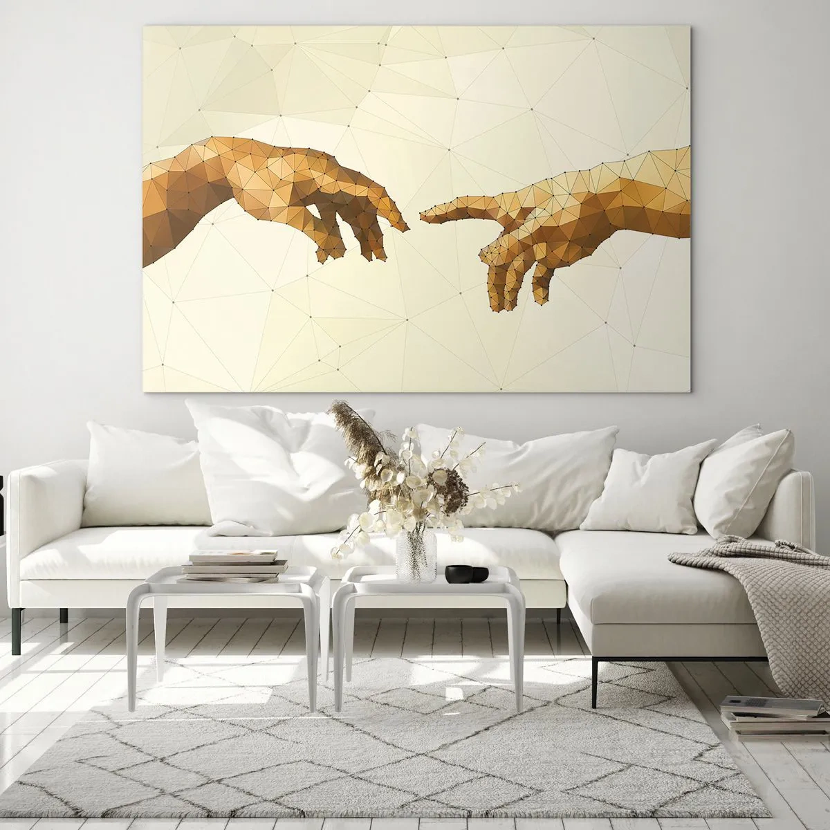 Obraz na szkle - Stylizowana wersja obrazu 'Stworzenie Adama' w technice poligonowej - 70x50cm - Boska geometria - Nowoczesna dekoracja ścienna do salonu i sypialni ARTTOR
