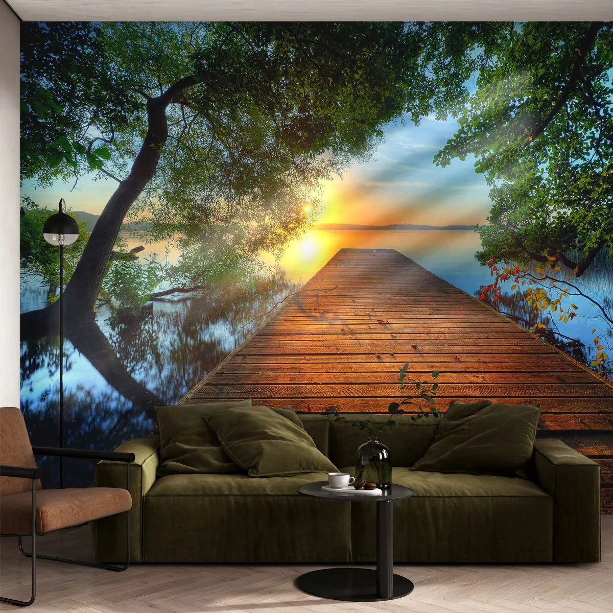 Fototapeta Premium Sand - Drewniany pomost nad jeziorem o zachodzie słońca - 100x70cm - Nie śpiesz się, usiądź - Nowoczesna dekoracja ścienna do salonu, kuchni i sypialni ARTTOR