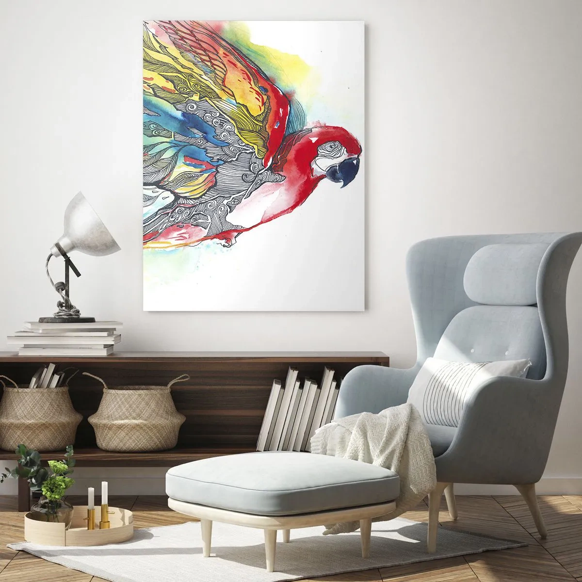 Obraz na szkle - Kolorowa papuga z artystycznymi skrzydłami i detalami - 50x70cm - Żyj kolorowo - Nowoczesna dekoracja ścienna do salonu, kuchni i sypialni ARTTOR