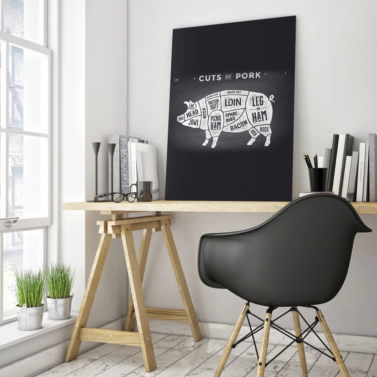 Obraz na szkle - Schemat cięć mięsa wieprzowego na czarnej tablicy - 50x70cm - Elementarz masarza - Nowoczesna dekoracja ścienna do salonu, kuchni i sypialni ARTTOR