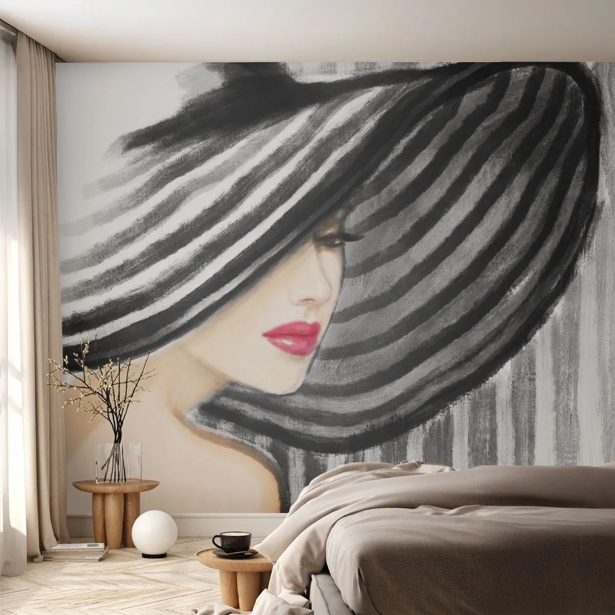 Fototapeta Premium Sand - Stylowa kobieta w szerokim kapeluszu w czerni i bieli - 100x70cm - Gdzie ciebie szukać? - Nowoczesna dekoracja ścienna do salonu, kuchni i sypialni ARTTOR
