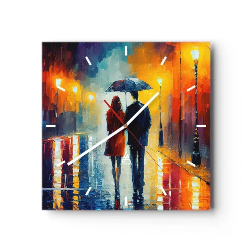 Zegar ścienny - Para pod parasolem spacerująca po kolorowym nocnym mieście - 30x30cm - Razem – kolorowa noc - Nowoczesna dekoracja ścienna do salonu i sypialni ARTTOR