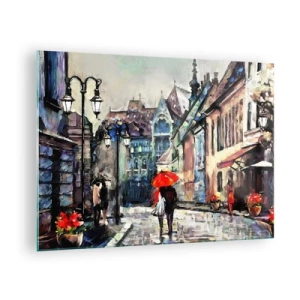 Obraz na szkle - Para pod czerwonym parasolem spacerująca po malowniczej uliczce - 70x50cm - Deszcz dla dwojga - Nowoczesna dekoracja ścienna do salonu i sypialni ARTTOR