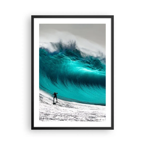 Plakat w czarnej ramie - Surfer przed ogromną turkusową falą - 50x70cm - Wyzwanie przyjęte - Nowoczesna dekoracja ścienna do salonu i sypialni ARTTOR