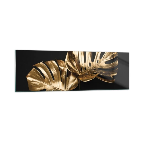 Obraz na szkle - Złote liście monstery na czarnym tle - 160x50cm - Skarby natury - Nowoczesna dekoracja ścienna do salonu i sypialni ARTTOR