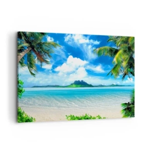 Obraz na płótnie - Tropikalna plaża z palmami i widokiem na wyspę - 100x70cm - Lazur tropików - Nowoczesna dekoracja ścienna do salonu, kuchni i sypialni ARTTOR