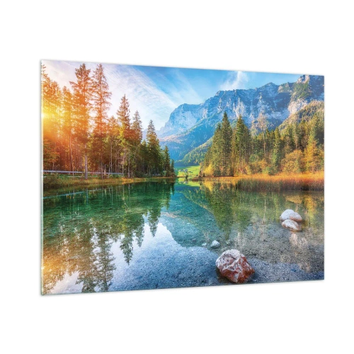 Obraz na szkle - Górskie jezioro otoczone lasem i majestatycznymi szczytami - 100x70cm - Łagodność jesieni - Nowoczesna dekoracja ścienna do salonu, kuchni i sypialni ARTTOR