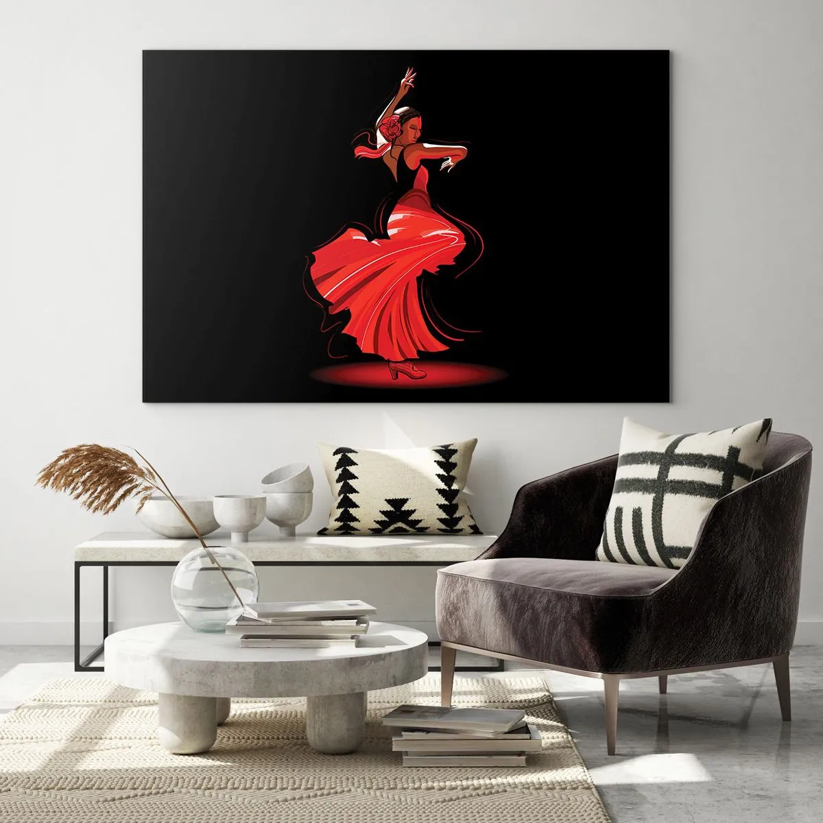 Obraz na szkle - Tancerka flamenco w czerwonej sukni na czarnym tle - 70x50cm - Ognisty duch flamenco - Nowoczesna dekoracja ścienna do salonu i sypialni ARTTOR
