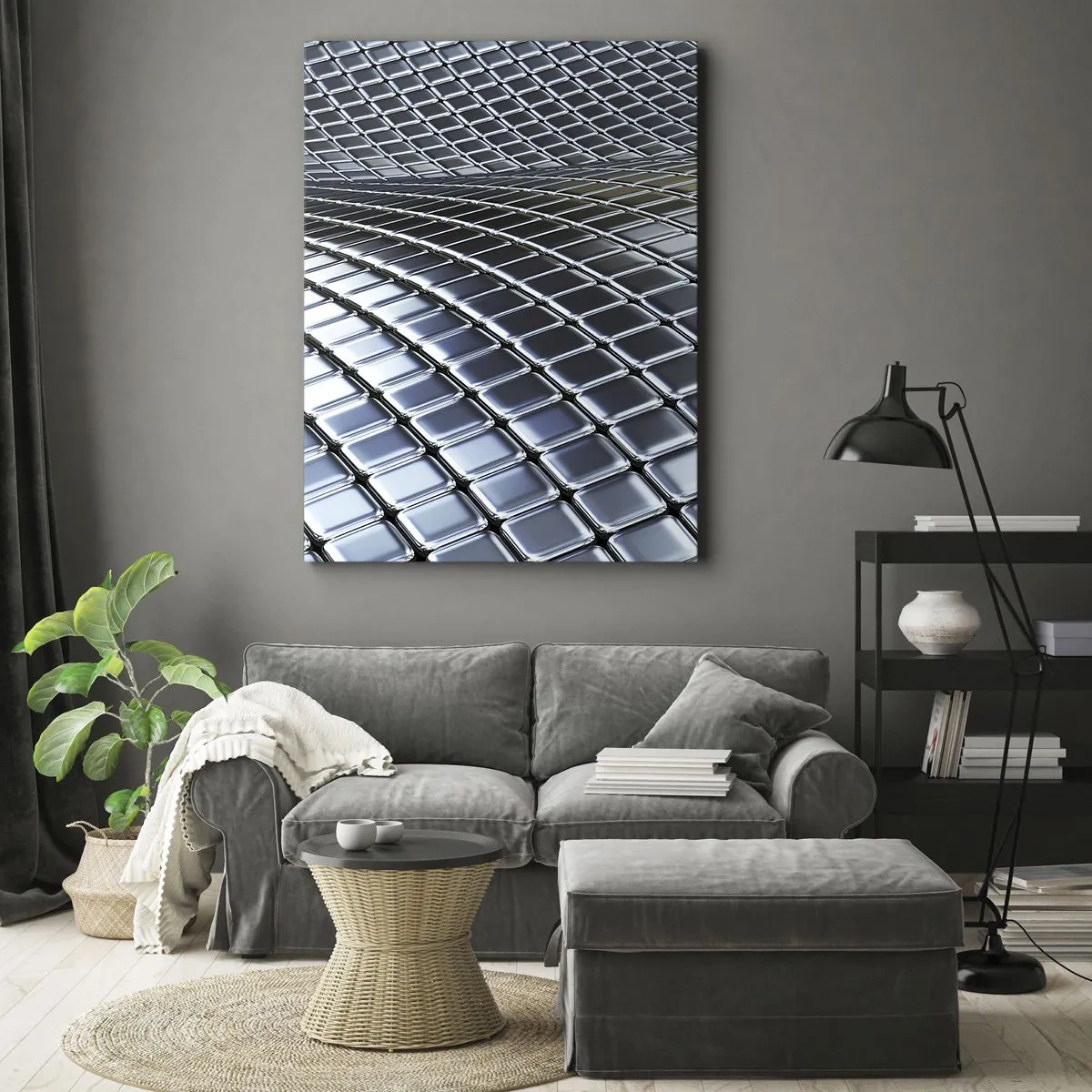 Obraz na płótnie - Abstrakcyjna futurystyczna struktura metalowa - 50x70cm - Metaliczna srebrna fala - Nowoczesna dekoracja ścienna do salonu, kuchni i sypialni ARTTOR