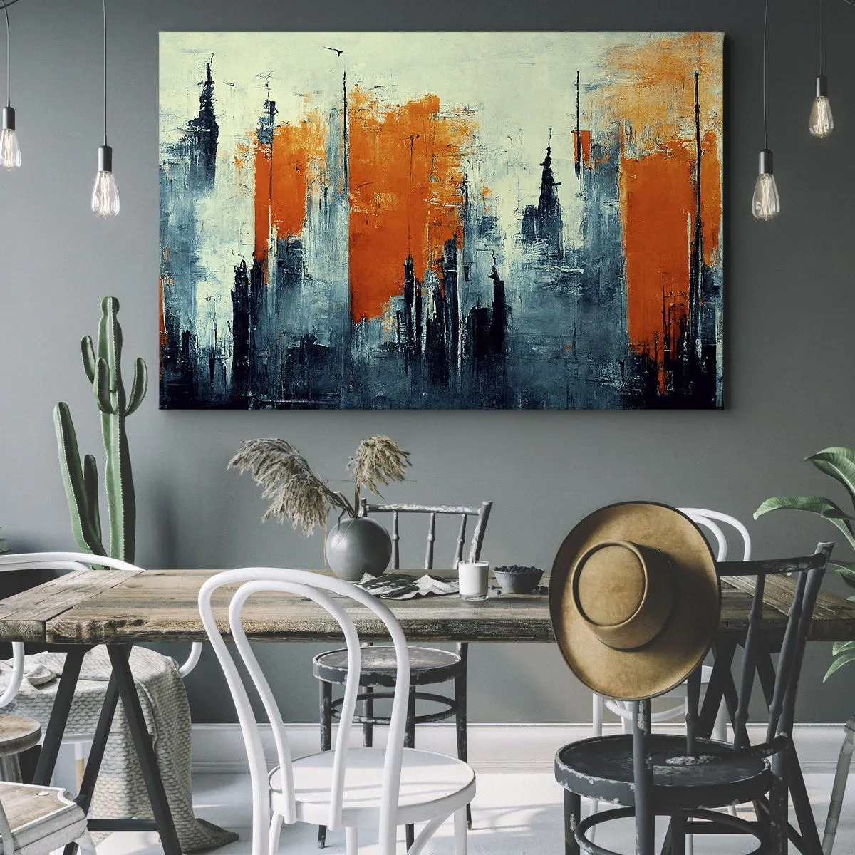 Obraz na płótnie - Abstrakcyjny pejzaż miejski w odcieniach pomarańczu i błękitu - 70x50cm - Pejzaż nowoczesny - Nowoczesna dekoracja ścienna do salonu i sypialni ARTTOR